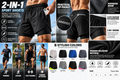 Men's 2-in-1 sports shorts showing eight colors, sizes and product features in English