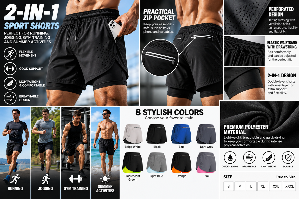 Men's 2-in-1 sports shorts showing eight colors, sizes and product features in English