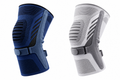 Blue and gray knee compression sleeves shown side by side