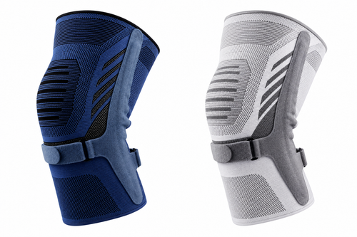 Blue and gray knee compression sleeves shown side by side